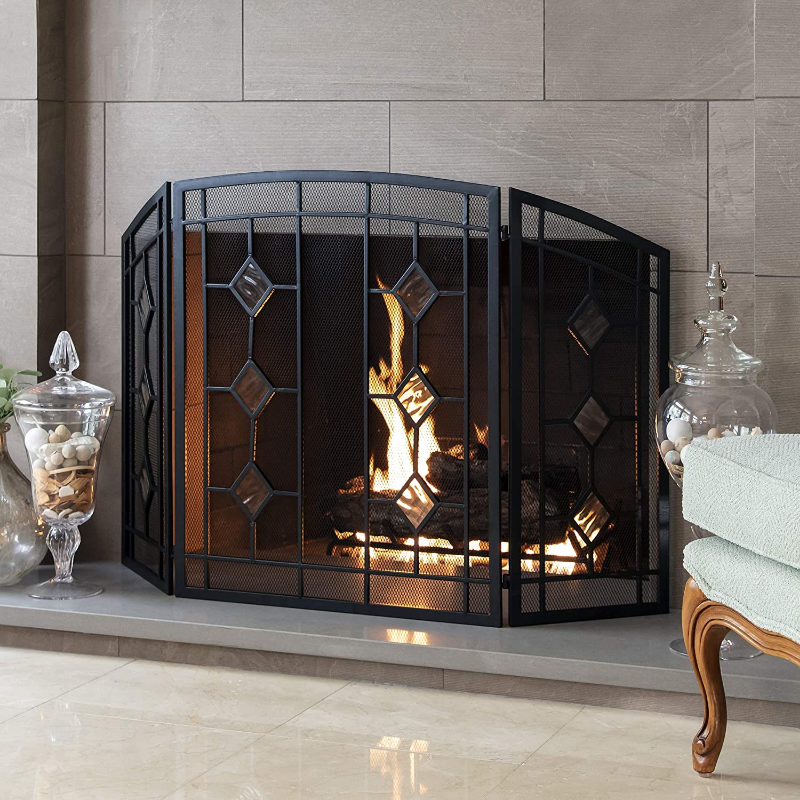 Modern Decorative Black Fireplace Screen Door 3 Panel