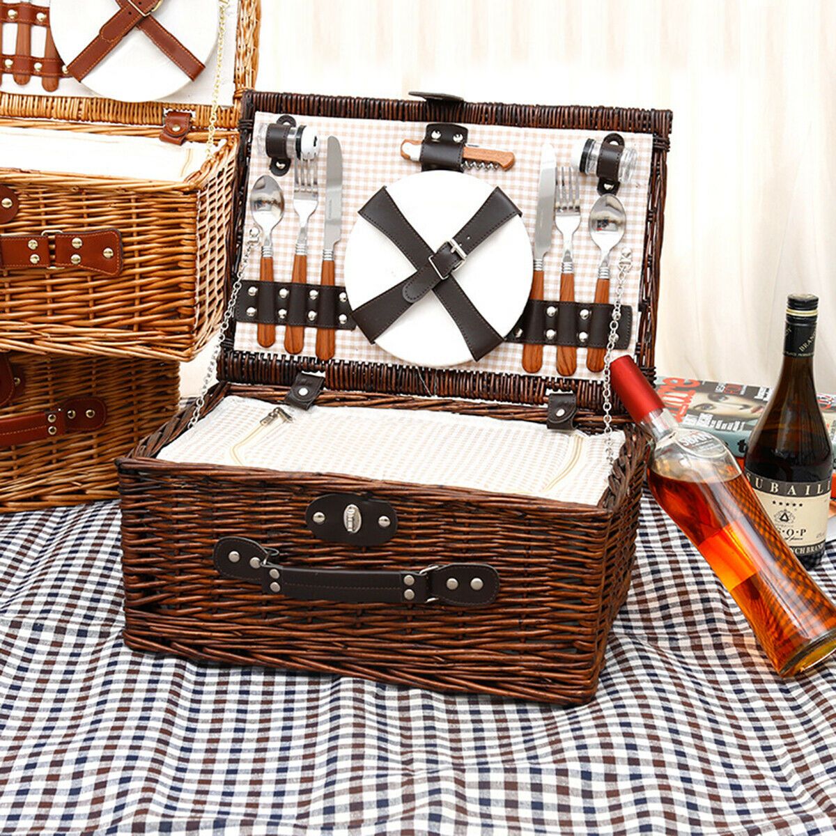 Large Insulated Wicker Picnic Basket Set