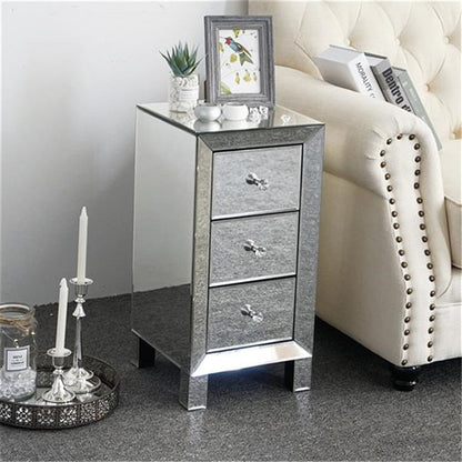 Elegant Three Drawer Silver Mirrored Bedside Nightstand Table