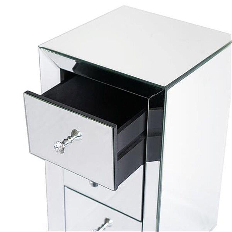 Elegant Three Drawer Silver Mirrored Bedside Nightstand Table