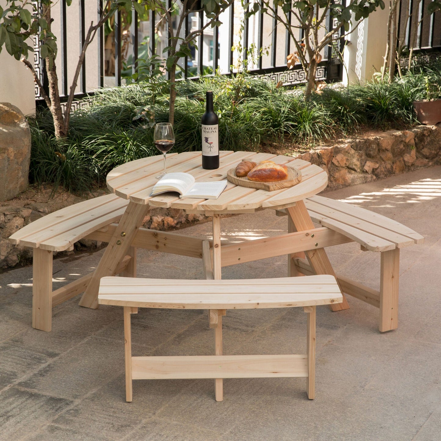 Spacious Outdoor Wooden Round Patio Picnic Table Bench