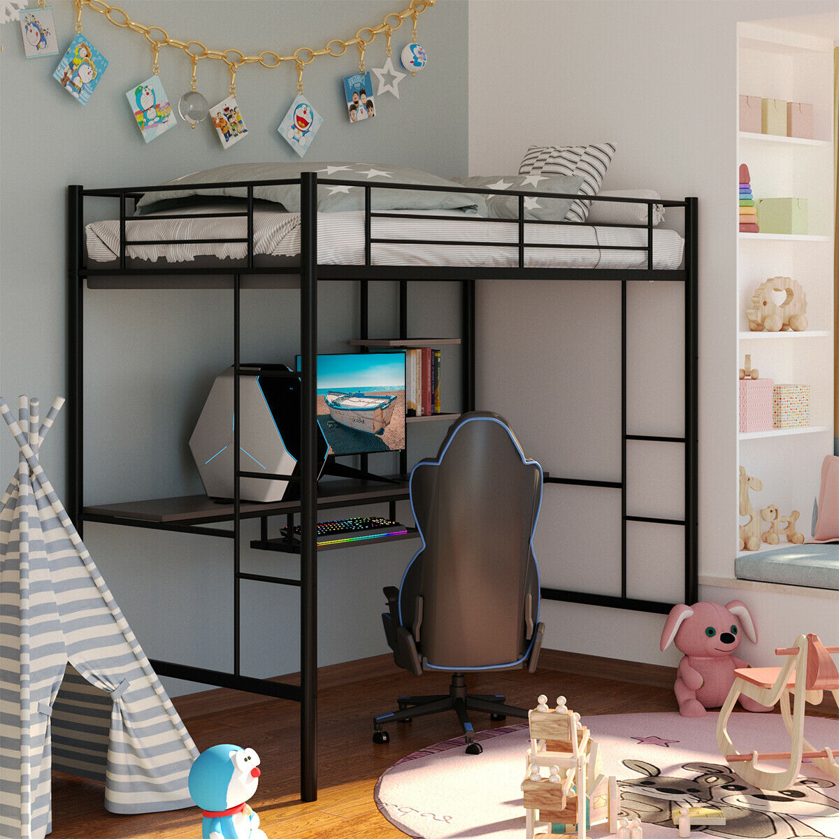 Large Twin Adult Metal Loft Bed Frame With Storage And Desk