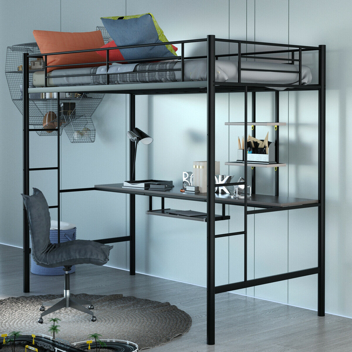 Large Twin Adult Metal Loft Bed Frame With Storage And Desk