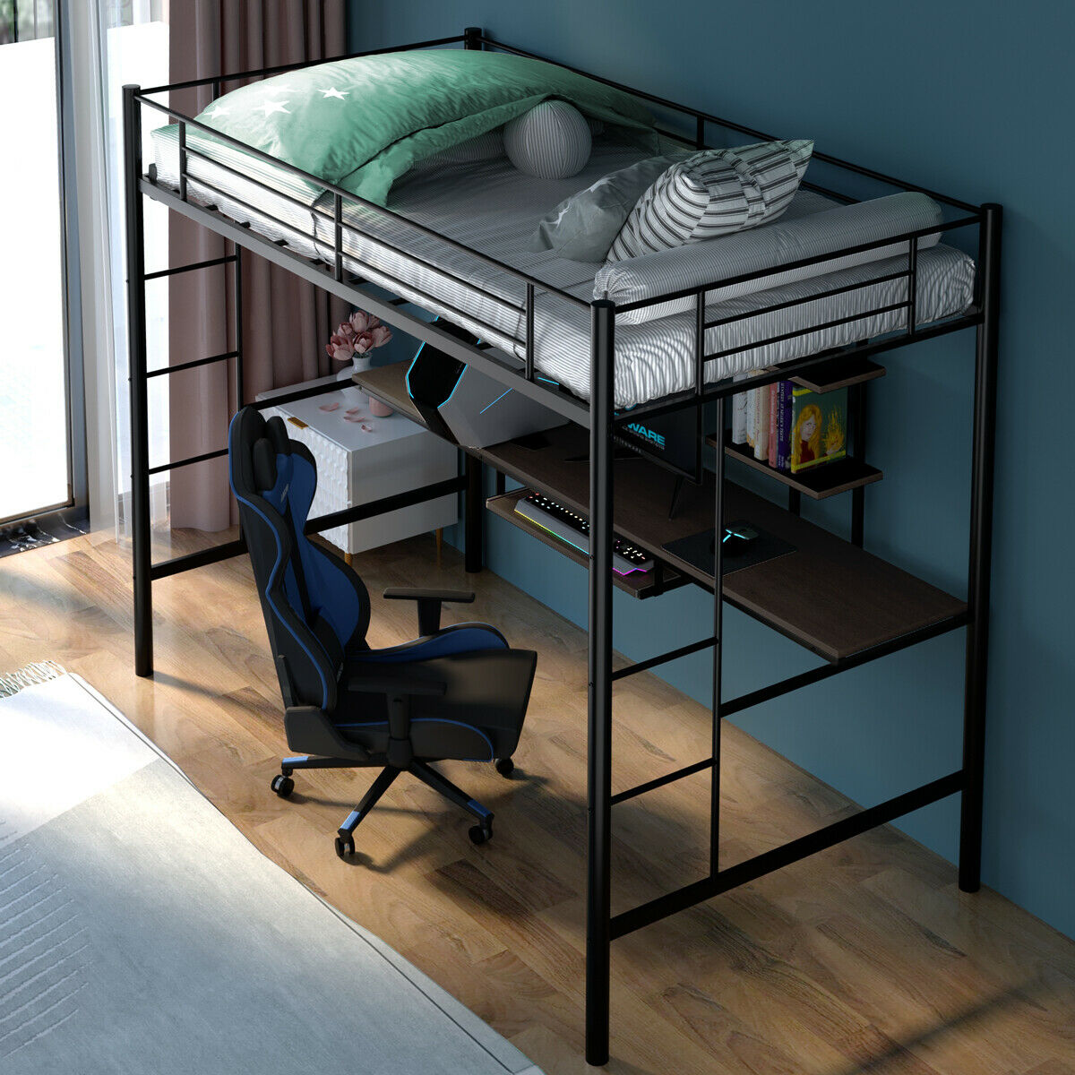 Large Twin Adult Metal Loft Bed Frame With Storage And Desk