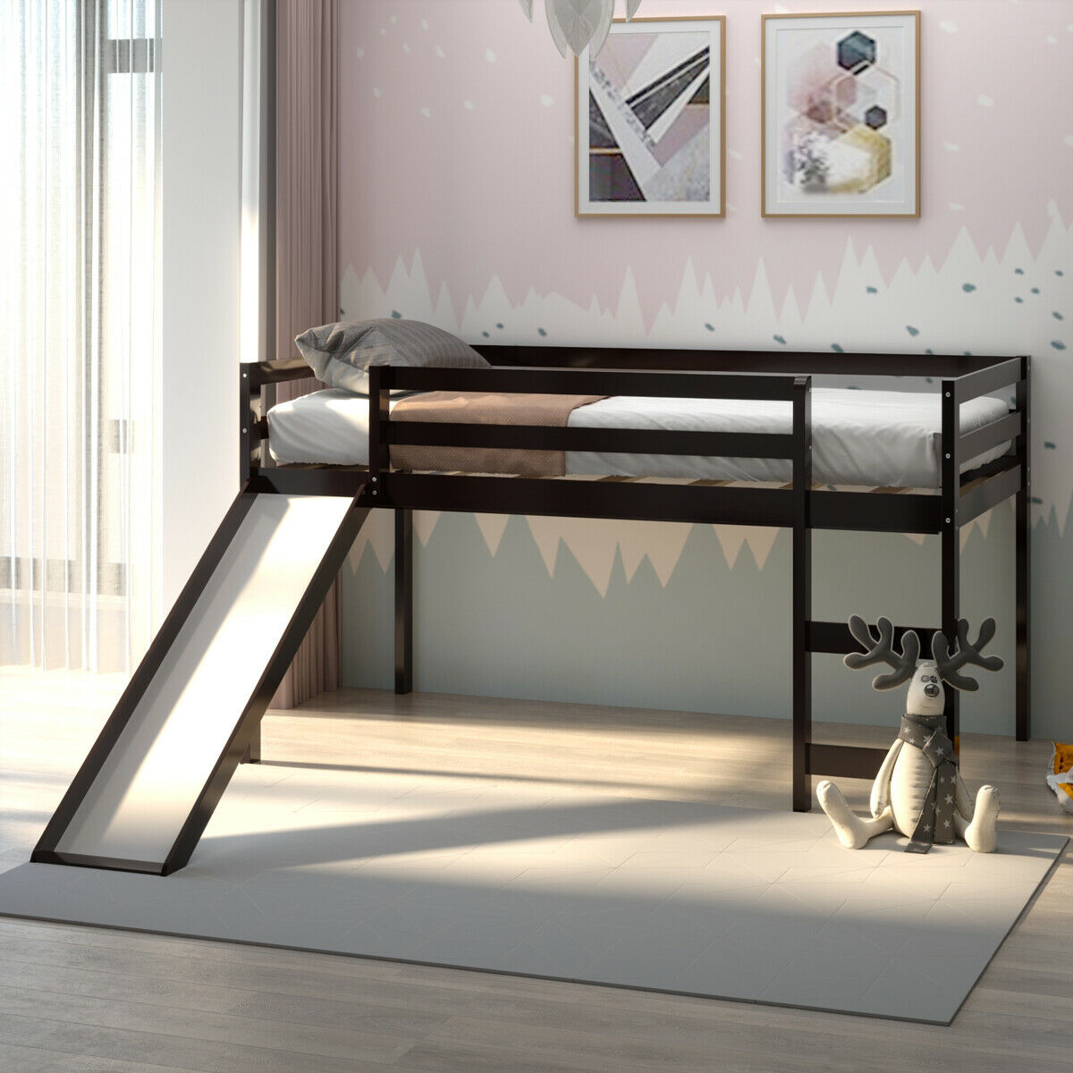 Heavy Duty Twin Sized Wood Kids Loft Bed With Slide