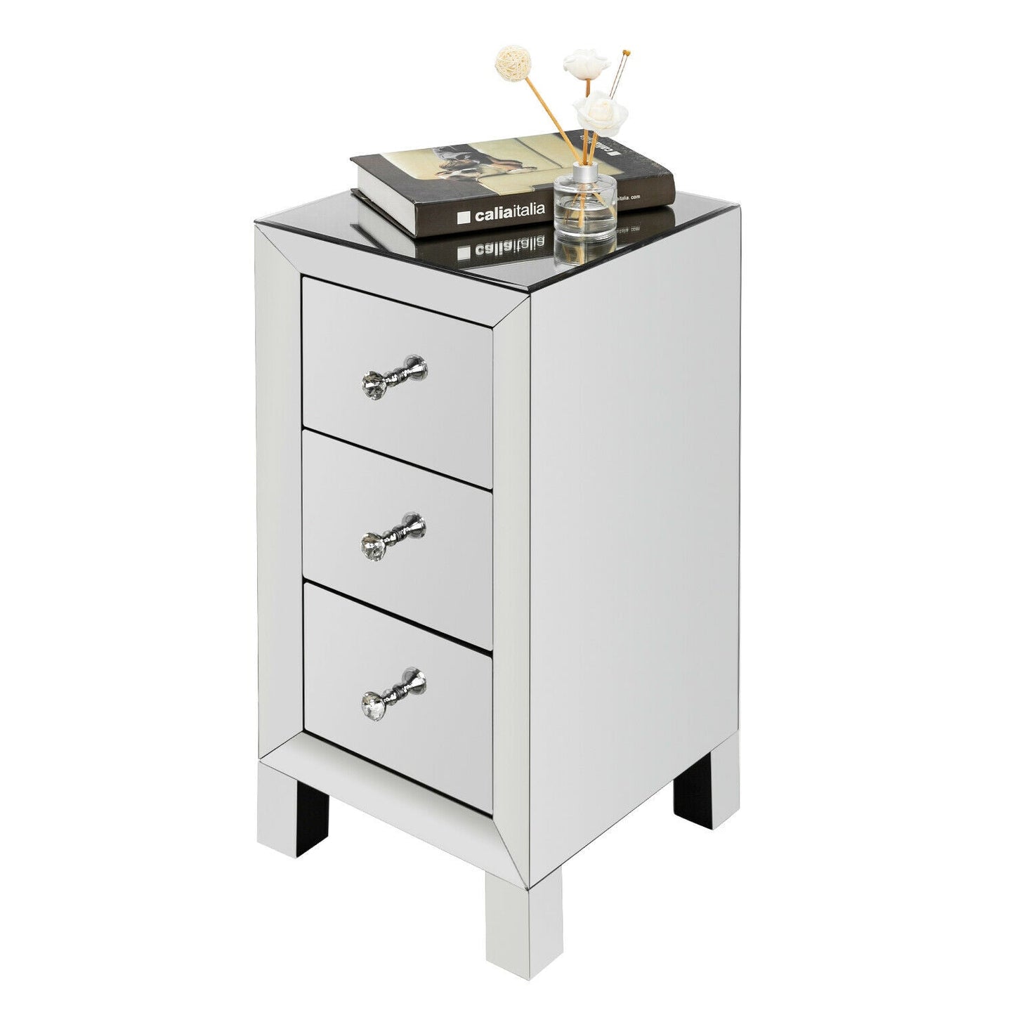 Elegant Three Drawer Silver Mirrored Bedside Nightstand Table